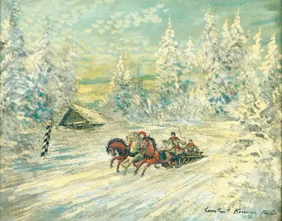 Trojkasläde i snö av Konstantin Alexeevich Korovin