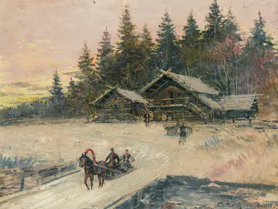 Winter Scene With Troika av Konstantin Alexeevich Korovin