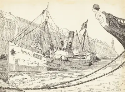 Beschoten vissersboot in de haven van Oostende av Alfred Ost