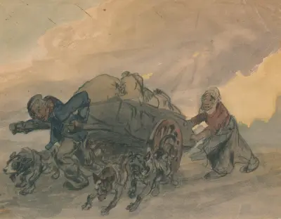 Boer en boerin een stootkar voortrekkende met drie honden av Alfred Ost