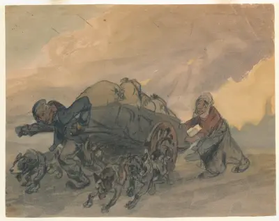 Boer en boerin een stootkar voortrekkende met drie honden av Alfred Ost