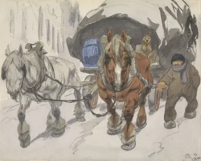 Bauernwagen mit zwei Pferden davor von Alfred Ost