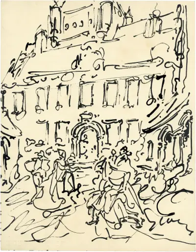 Gebouw met figuren vooraan av Alfred Ost