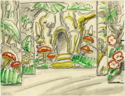 Gevel met paddestoelen en bloemversiering av Alfred Ost