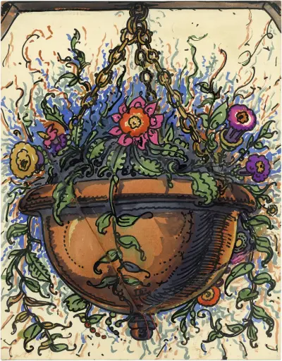 Hangpot 3 en Bloemen en brief av Alfred Ost