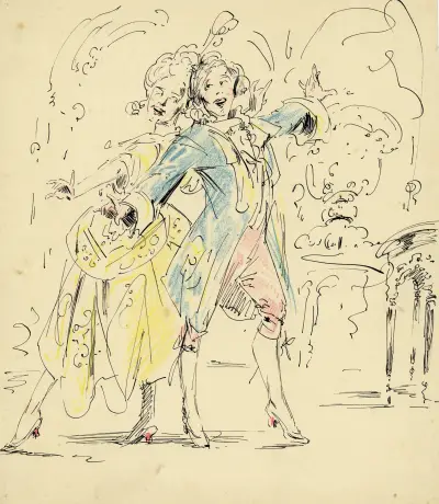 Historisch tafereel van 2 dansende figuren. av Alfred Ost