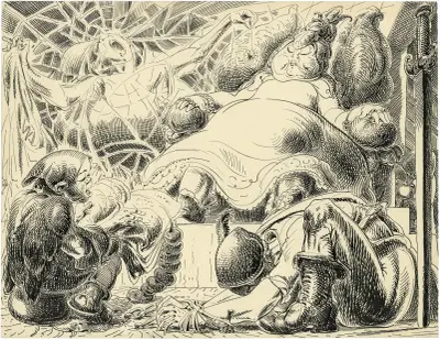 Illustratie ‘Lotje’ – Bellefleur, prinses van Muizenland met Grispik de hofdame (‘n spinnekobbe) en Lotje av Alfred Ost