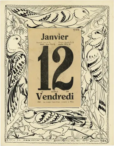 Kalenderblad illustratie met vogels, Alfred Ost