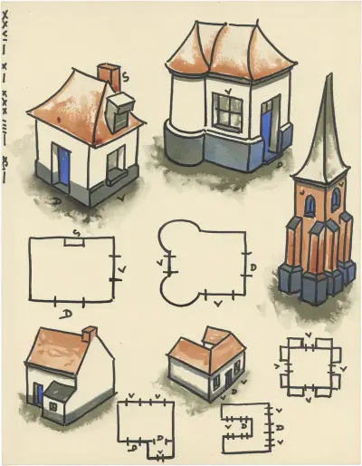 Kerktoren en vier huizen vanuit vogelperspectief av Alfred Ost