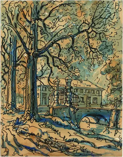 Landhuis met gracht en bomen av Alfred Ost
