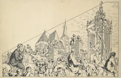 Ontwerp van het vaantje van Mirakuleus beeld van den Zaligmaker ( Bedevaart van Hakendover ) av Alfred Ost