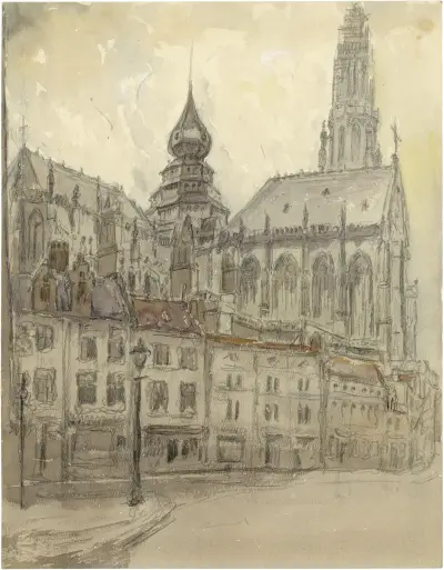 Onze-Lieve-Vrouwe Kathedraal te Antwerpen vanop de Lijnwaadmarkt av Alfred Ost