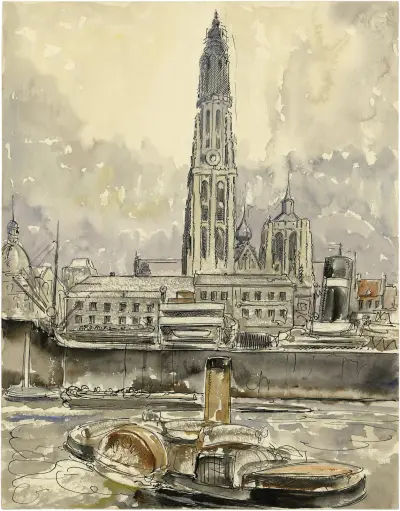 Onze-Lieve-Vrouwe Kathedraal te Antwerpen vanop de Schelde av Alfred Ost