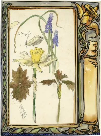 Paasbloemen en blauwe klokjes en bruine bloem av Alfred Ost