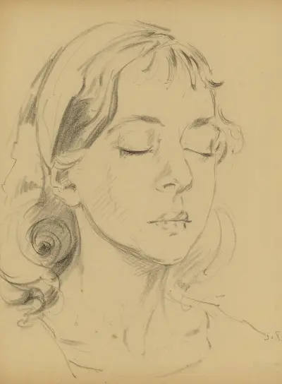 Potrettekening van Angèle Hendrickx met gesloten ogen av Alfred Ost
