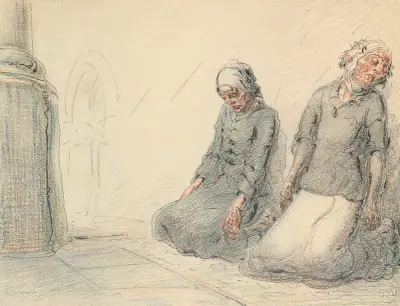 Twee geknielde vrouwen in een kerk av Alfred Ost
