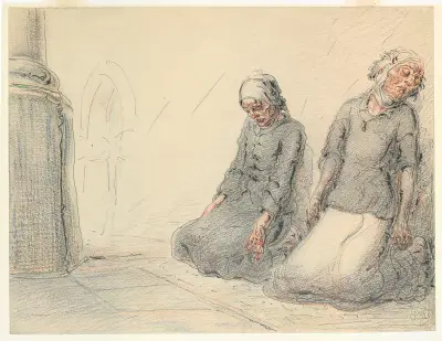 Twee geknielde vrouwen in een kerk av Alfred Ost