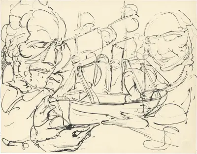 Twee personen met schip tussen hen in av Alfred Ost