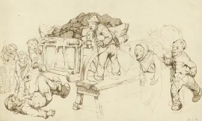 Zeven Arbeiders met karrewagen en natiepaard av Alfred Ost