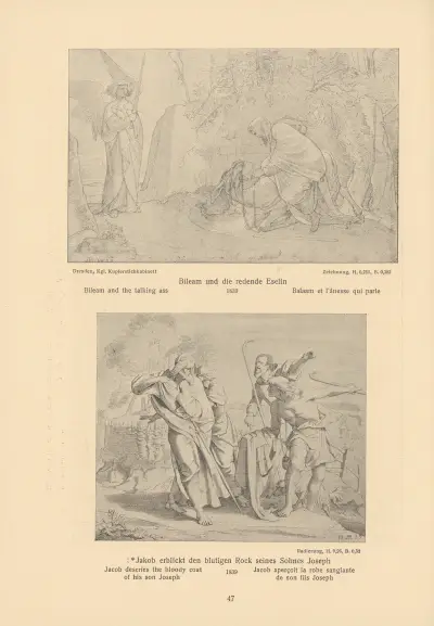 Bileam and the talking ass, Jacob descries the bloody coat of his son Joseph av Alfred Rethel