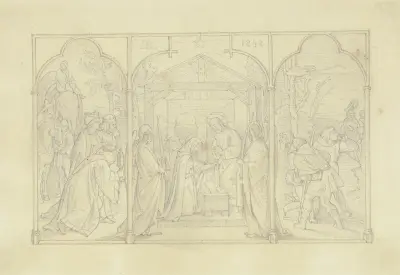 Die Geburt Christi mit einer Anbetung der Hirten sowie der Heiligen drei Könige av Alfred Rethel