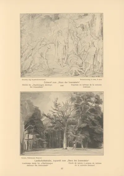 Sketch and landscape study for ‘Charlemagne destroys the Irmensäule’ av Alfred Rethel