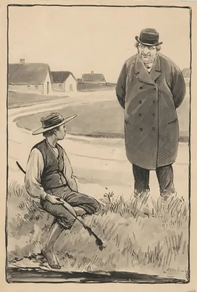A barefoot boy sits on the side of the road where a well-dressed adult man approaches him., Alfred Schmidt