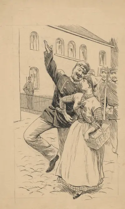 A cheerful soldier takes a young maid, who is at work, by the arm. She does not share his enthusiasm., Alfred Schmidt