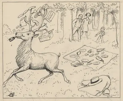 A deer has chased away a family who were on a picnic in the wildlife park von Alfred Schmidt