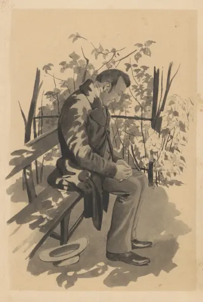A man is sitting asleep on a bench in the shade. av Alfred Schmidt
