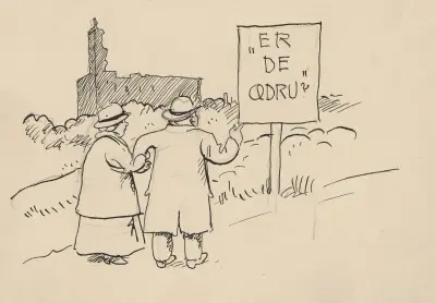 A married couple out for a walk stops and looks at the sign av Alfred Schmidt