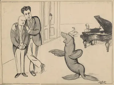 A sea lion is auditioning at the Royal Theater, accompanied by a grand piano von Alfred Schmidt