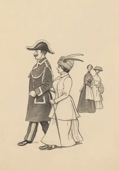A uniformed man and an elegant lady stroll arm in arm av Alfred Schmidt