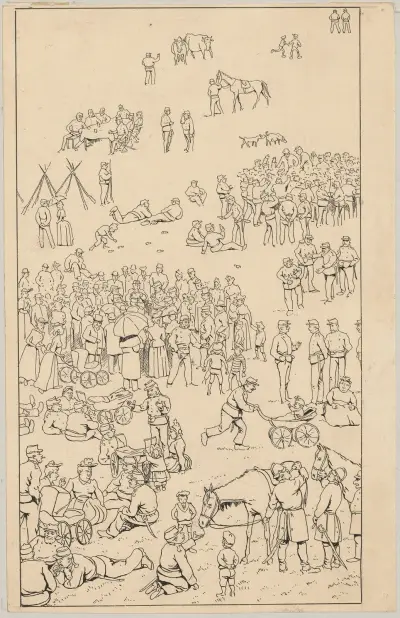 Assembly of soldiers, animals, women, and children., Alfred Schmidt