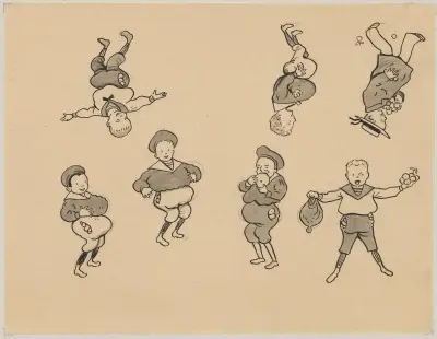 Boys in sailor suits have stuffed their pockets, pants, and shirts with treats. av Alfred Schmidt