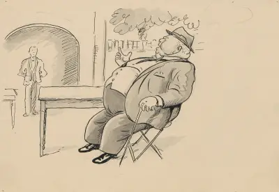 Carl Gandrup is sitting at a table in Grøften in Tivoli and is about to place his order with the waiter. av Alfred Schmidt