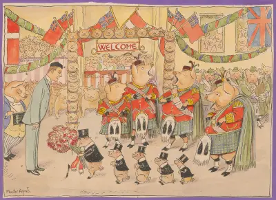 Four pigs wearing kilts sing while five pigs wearing top hats present a man with a bouquet of flowers av Alfred Schmidt