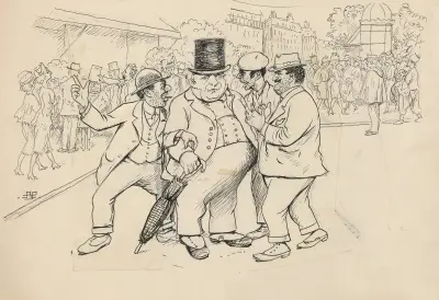 Hedebol, in eleganter Kleidung, mit Zylinder und Regenschirm, wird von Franzosen bedrängt von Alfred Schmidt
