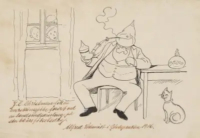 J. C. Christensen smokes his pipe while the population peeks in through the windows av Alfred Schmidt