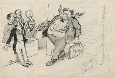 Litvinov, with bat wings and his hat in his hand, appears to participate in the work of the League of Nations. von Alfred Schmidt