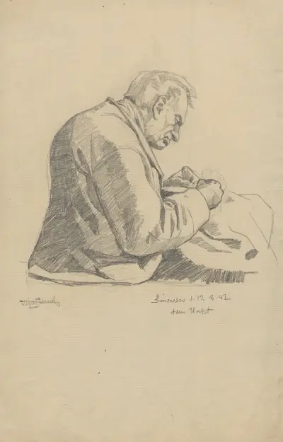 Man sitting with a piece of needlework., Alfred Schmidt