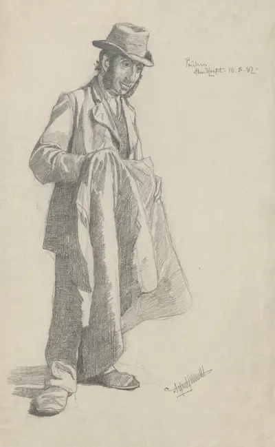 Man wearing a hat holds a jacket in his hands. von Alfred Schmidt