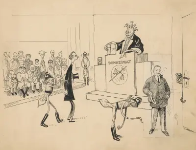 Men are brought before a judge dressed in police uniforms. von Alfred Schmidt