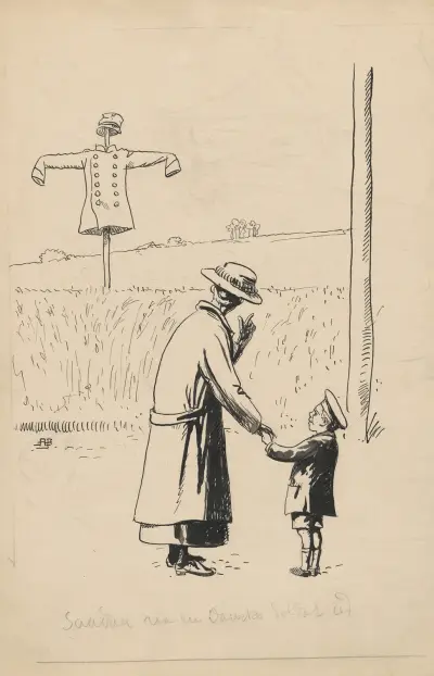 Mother and son look at a scarecrow in uniform av Alfred Schmidt