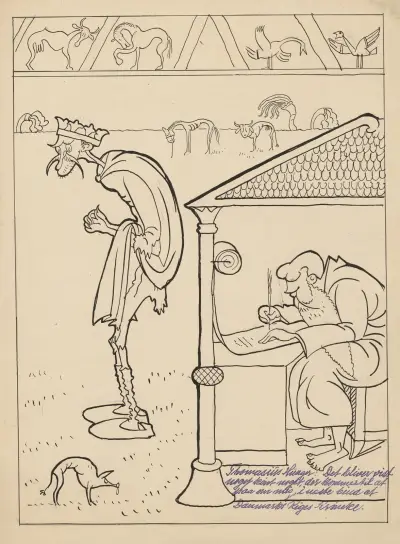 Neergaard as Oluf Hunger and Borgbjerg as Saxo, writing down the chronicle av Alfred Schmidt