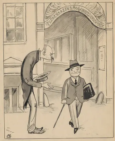 Neergaard stands outside Gyldendal Publishers with his hat in his hand, Alfred Schmidt