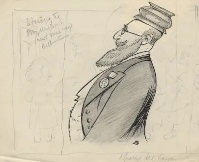 Stauning with a medal on his lapel and a silver bowl on his head. von Alfred Schmidt