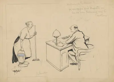 The cleaning lady visits the director in his office to ask for a share of the profits av Alfred Schmidt