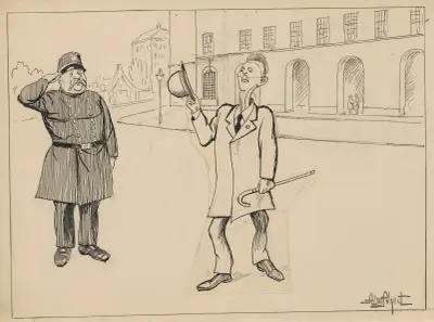 The ‘gentleman thief’ Storm-Nielsen manages to leave his cell at the police station by dressing up as the police chief von Alfred Schmidt