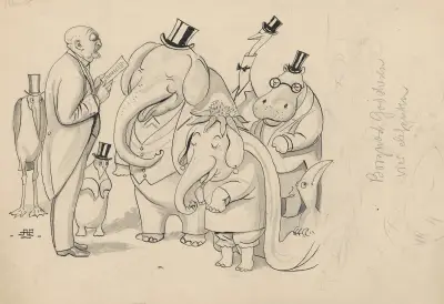 The two elephants are married, and the rest of the zoo animals attend as guests. av Alfred Schmidt